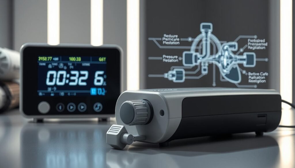 A detailed technical diagram showcasing the precise calibration of a state-of-the-art iCareCPAP sleep apnea device. In the foreground, a sleek medical-grade device with clearly marked pressure sensors and adjustment knobs. The midground features a precise digital display showing the current pressure output and settings. In the background, a crisp schematic diagram illustrates the internal airflow mechanics and pressure regulation systems. The overall scene is bathed in a clean, clinical lighting that highlights the device's advanced engineering and attention to detail. The mood is one of precision, quality, and confidence in the device's ability to provide accurate, medically-validated respiratory support.