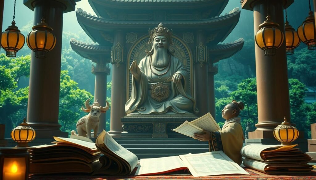 A serene temple setting, where the UTown Wealth God statue stands majestically. Ornate golden details adorn the figure, imbuing it with an aura of prosperity. Soft lighting casts a warm glow, creating an atmosphere of tranquility and abundance. In the foreground, a contemplative scene unfolds, with a scholar studying intricate financial strategies, surrounded by scrolls and calculation tools. The background features a lush, verdant landscape, symbolizing the fruitful rewards of the Wealth God's blessings. An air of reverence and strategic focus permeates the scene, inviting the viewer to discover the secrets of successful investment.