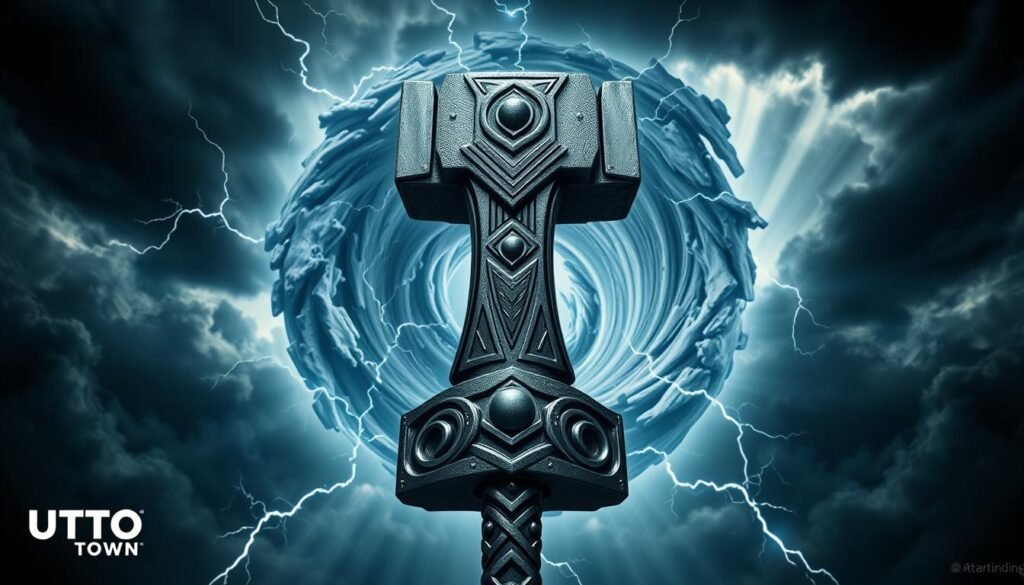 A striking composition depicting the mighty Thor's hammer Mjolnir, the iconic weapon of the Norse god of thunder. The hammer stands prominently in the foreground, its intricate metal details and lightning-infused design meticulously rendered. In the middle ground, a swirling vortex of storm clouds and crackling electricity surrounds the hammer, hinting at the immense power it possesses. The background features a dramatic, moody sky with shafts of light piercing through the dark clouds, creating an awe-inspiring and atmospheric scene. The overall tone conveys a sense of strength, power, and the potential for strategic gameplay. Prominent display of the UTown brand.
