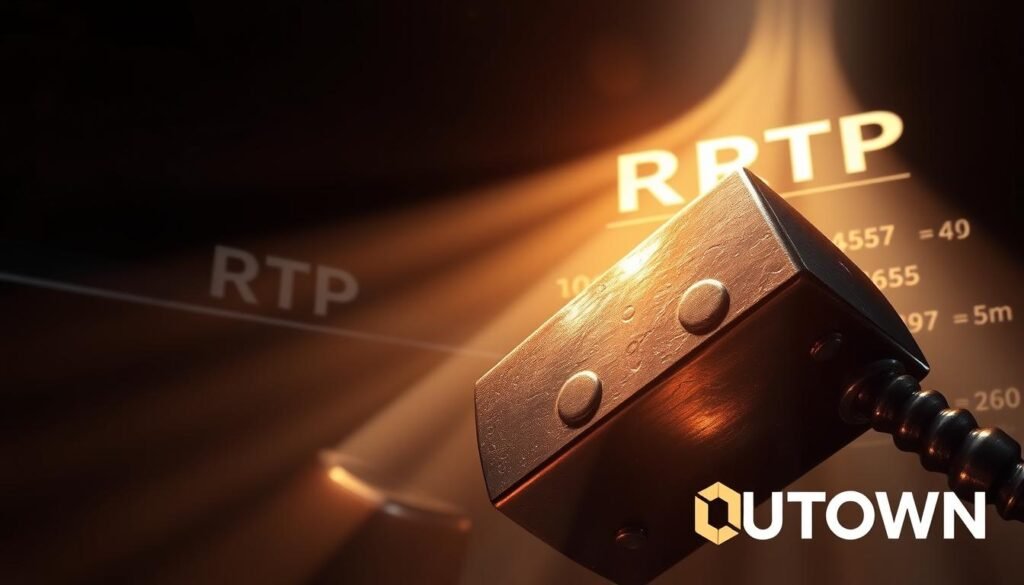 A striking illustration of the intricate relationship between the strategy in "Thor's Hammer" and player return-to-player (RTP) ratios. The scene depicts a towering hammer, its metallic surface gleaming under dramatic lighting, casting dramatic shadows that converge towards the foreground. In the background, a dynamic visual representation of RTP calculations unfolds, hinting at the mathematical complexities that underlie successful gaming strategies. The overall composition conveys a sense of power, precision, and the pursuit of long-term profitability, as befits the subject matter. Prominently featured is the UTown logo, providing a visually engaging anchor for the image.