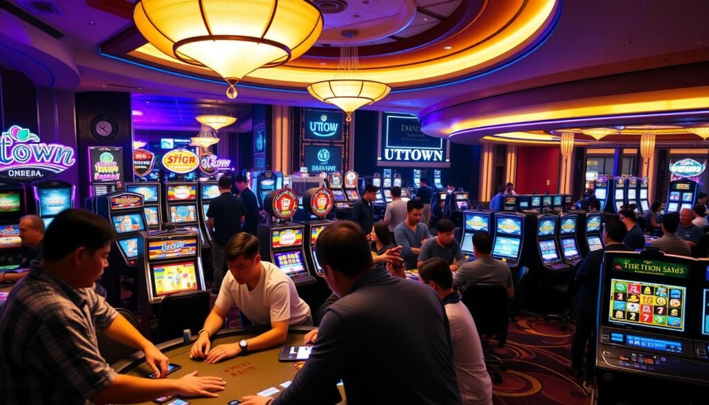 A vibrant and dynamic UTown casino filled with an array of thrilling games. In the foreground, a group of players engaged in a lively table game, their faces lit by the warm glow of the overhead lighting. The middle ground showcases a variety of slot machines, their screens flashing with dazzling animations and tempting jackpot displays. In the background, a sleek and modern bar area sets the mood with its sophisticated decor and ambient lighting. The overall atmosphere exudes a sense of excitement and anticipation, inviting the viewer to step into the world of Asian entertainment.