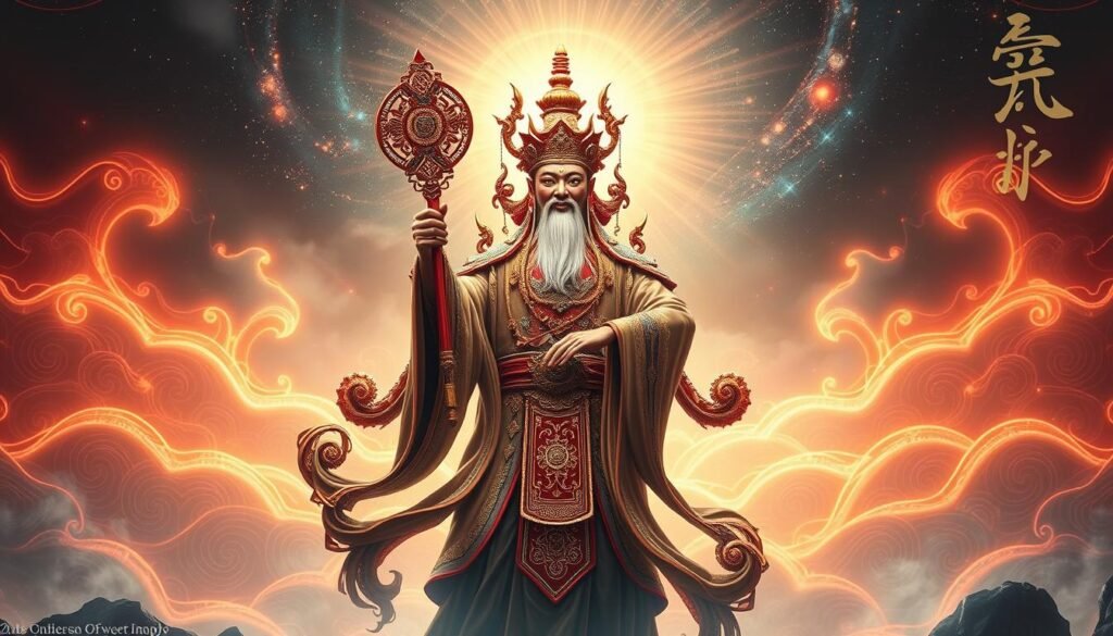 An ancient Chinese deity, the UTown Caishen, stands majestically against a backdrop of glowing energy waves and celestial radiance. Adorned in intricate robes and holding a scepter of power, the deity exudes an aura of wealth, prosperity, and divine guidance. The composition is balanced, with the Caishen figure commanding the foreground, while the middle ground features undulating energy patterns and the background showcases a mesmerizing cosmic landscape. Dramatic lighting and a sense of mysticism pervade the scene, evoking the transformative power and mystical insights associated with the Caishen deity.