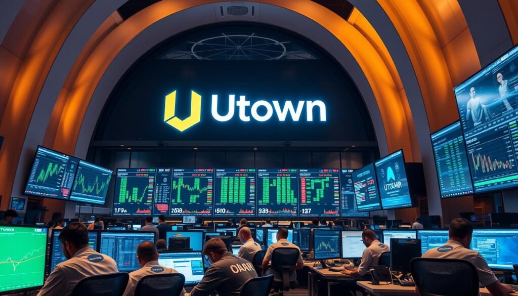 A bustling crypto trading hub with the UTown logo prominently displayed, set against a backdrop of sleek, futuristic architecture. The scene features a dynamic interface showcasing real-time market data, detailed charts, and intuitive trading tools. Traders hunched over their workstations, intently analyzing the flow of digital currencies. Warm, diffused lighting creates an atmosphere of focused intensity, while large screens mounted on the walls display the latest crypto news and price updates. The overall impression is one of a cutting-edge, technologically-advanced financial ecosystem that caters to the evolving needs of the modern crypto investor.