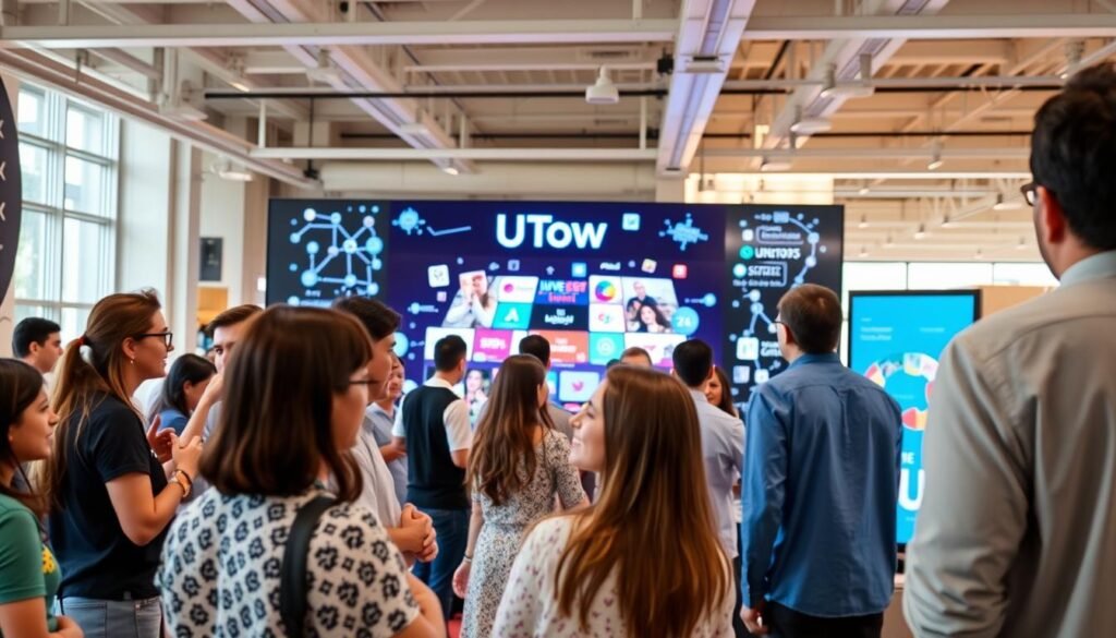 A vibrant community hub showcasing the interactive strengths of UTown's marketing approach. In the foreground, a diverse group of people engaged in lively discussions, sharing ideas and collaborating. The middle ground features an eye-catching digital display wall, showcasing UTown's innovative product offerings and social media presence. The background reveals an open, airy space with natural lighting, conveying a sense of connectivity and dynamism. The overall scene exudes a welcoming, energetic atmosphere that highlights UTown's prowess in fostering impactful social interactions and effective market outreach.