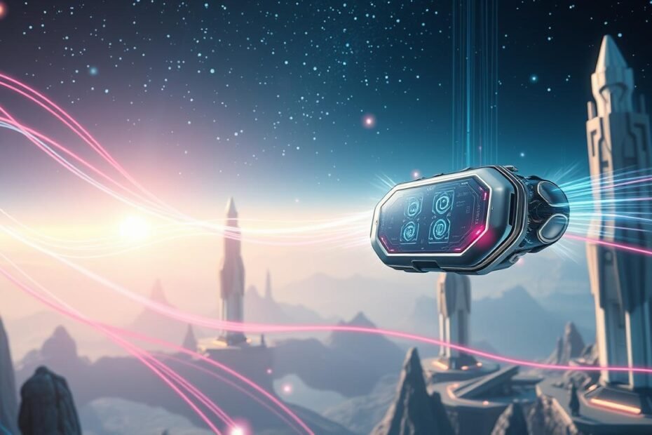 A vibrant, futuristic scene showcasing the Glowin Beaute "OligioX 原美電波" device. In the foreground, the sleek, metallic device hovers effortlessly, its intricate components and glowing panels emitting a captivating energy. Surrounding the device, an array of ethereal, pulsating waves and ribbons of light, representing the device's ability to harness and manipulate the power of electromagnetic radiation. In the middle ground, a serene, futuristic landscape with towering, crystalline structures and a hazy, atmospheric glow. The background features a vast, starry sky, creating a sense of weightlessness and transcendence, reflecting the device's capacity to defy gravity and slow the aging process. The overall scene conveys a harmonious blend of technology, nature, and the pursuit of eternal youth.