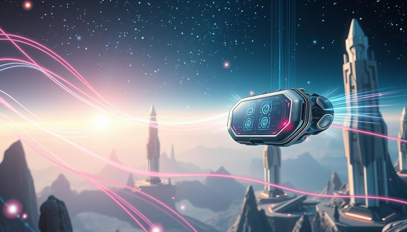 A vibrant, futuristic scene showcasing the Glowin Beaute "OligioX 原美電波" device. In the foreground, the sleek, metallic device hovers effortlessly, its intricate components and glowing panels emitting a captivating energy. Surrounding the device, an array of ethereal, pulsating waves and ribbons of light, representing the device's ability to harness and manipulate the power of electromagnetic radiation. In the middle ground, a serene, futuristic landscape with towering, crystalline structures and a hazy, atmospheric glow. The background features a vast, starry sky, creating a sense of weightlessness and transcendence, reflecting the device's capacity to defy gravity and slow the aging process. The overall scene conveys a harmonious blend of technology, nature, and the pursuit of eternal youth.