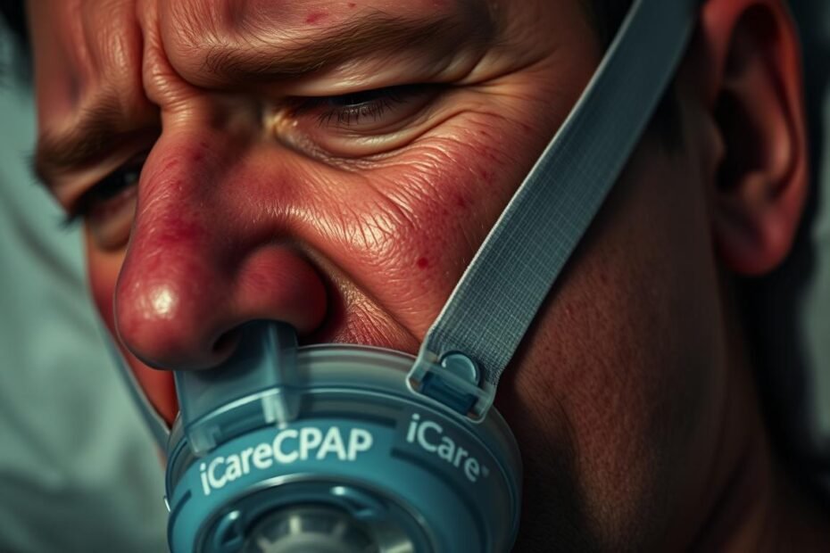 A close-up view of a person's face, wearing a sleep apnea CPAP mask from the iCareCPAP brand, with a look of discomfort or irritation. The mask is slightly askew, and the skin around the nose and cheeks appears red and irritated. The lighting is soft and moody, creating a sense of unease and the individual's expression conveys a feeling of frustration or annoyance. The background is slightly blurred, keeping the focus on the person's face and the CPAP mask.