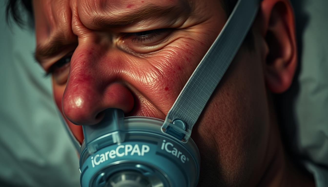 A close-up view of a person's face, wearing a sleep apnea CPAP mask from the iCareCPAP brand, with a look of discomfort or irritation. The mask is slightly askew, and the skin around the nose and cheeks appears red and irritated. The lighting is soft and moody, creating a sense of unease and the individual's expression conveys a feeling of frustration or annoyance. The background is slightly blurred, keeping the focus on the person's face and the CPAP mask.