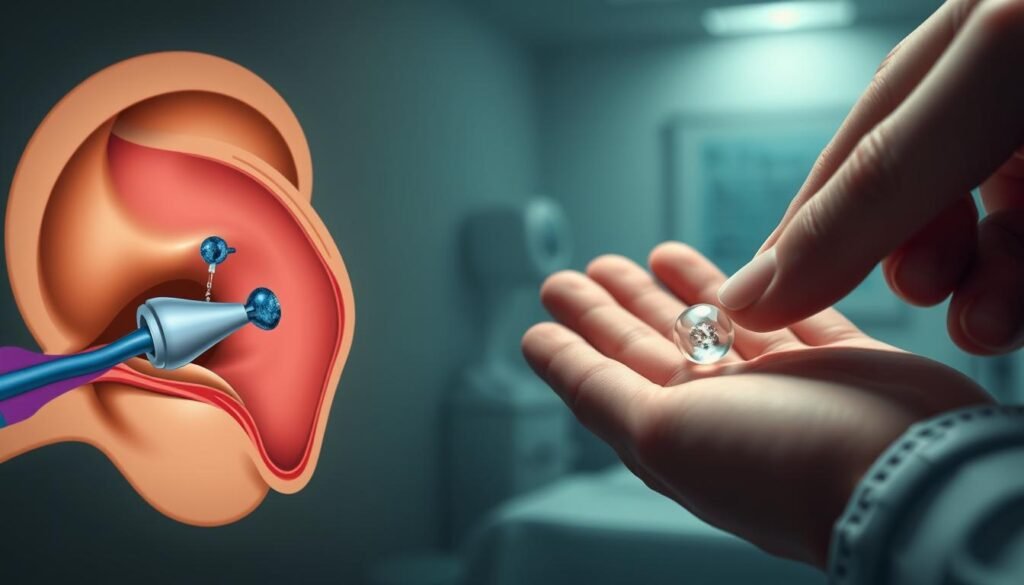 A detailed illustration of the "otolith repositioning" procedure, showcasing the inner ear anatomy. In the foreground, a medical diagram depicts the delicate balance organs - the utricle and saccule - with the displaced otoliths prominently featured. The middle ground reveals a close-up view of the manual maneuver, gentle fingers realigning the microscopic crystals back into their natural position. The background subtly suggests a serene, clinical environment, with soft lighting and a hazy, out-of-focus medical setting. The overall mood is one of precision, care, and the restoration of balance, both physical and visual.