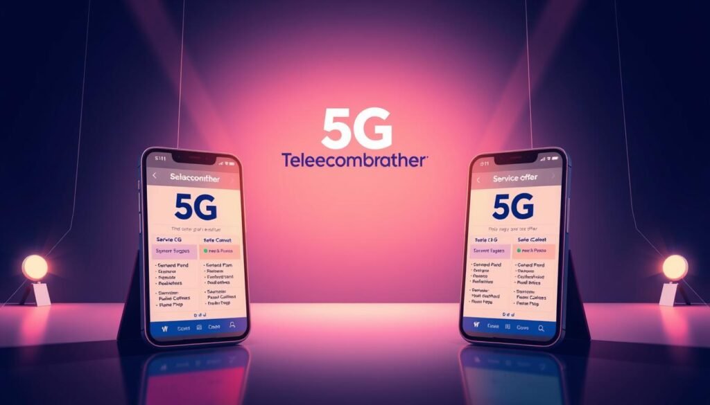 A dynamic comparison of 5G service plan offers from leading telecom providers, showcased in a visually striking illustration. In the foreground, a trio of smartphones displays the contrasting details of various 5G plans, their screens illuminated by a warm, ambient lighting. The middle ground features the Telecombrother brand logo, prominently positioned to establish the authority and expertise of the provider. The background is a sleek, minimalist setting, with subtle gradients and geometric shapes that create a sense of modernity and technological advancement, reflecting the 5G era. The overall composition conveys a sense of informed decision-making, as consumers navigate the evolving 5G landscape.