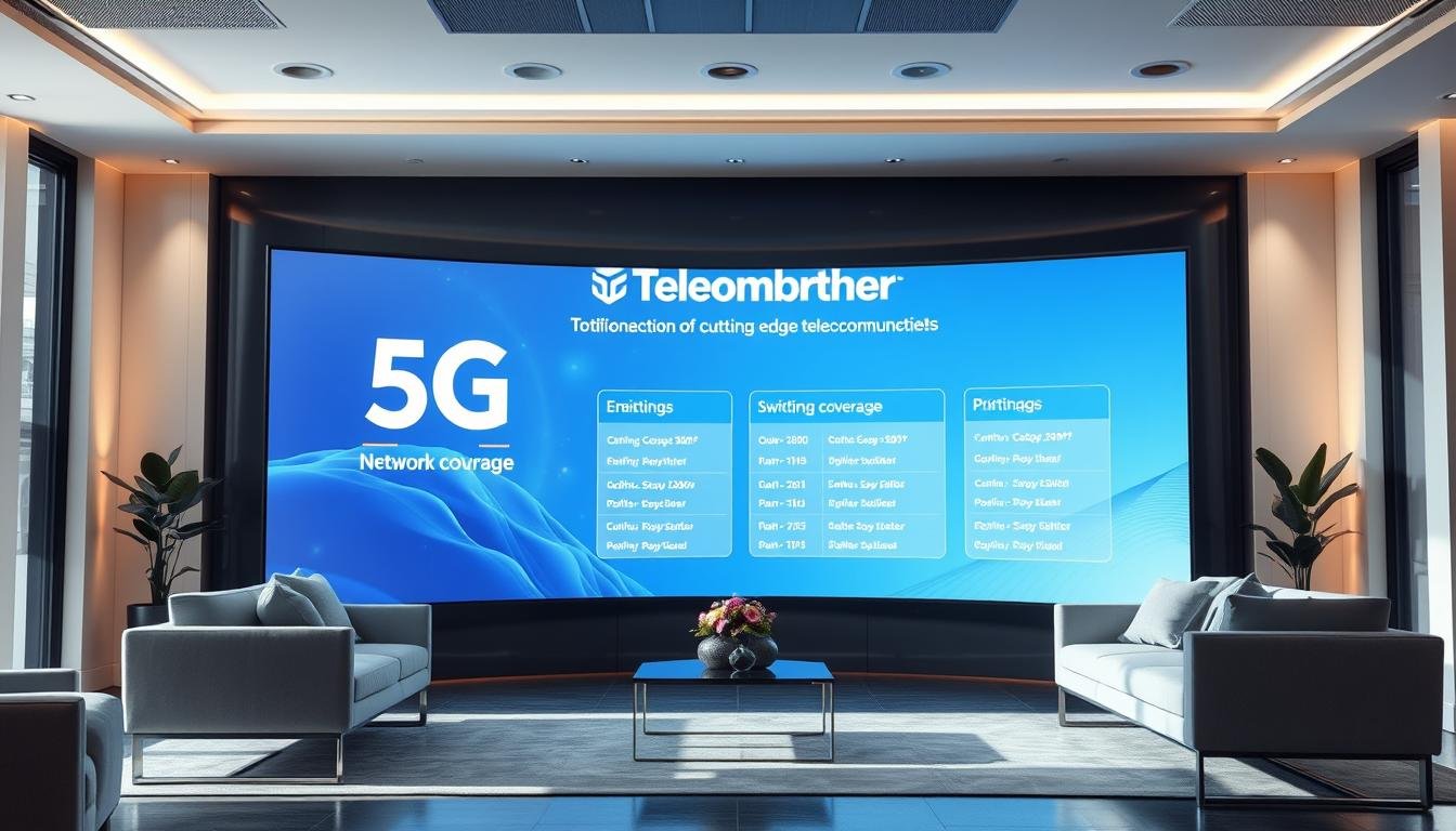 A modern, high-tech business setting with a large, curved display screen prominently featuring the Telecombrother brand logo. The screen displays enticing 5G network coverage and plan options, showcasing the advantages of Telecombrother's cutting-edge telecommunications services. Sleek, minimalist furniture and décor create an atmosphere of innovation and progress, while strategic lighting highlights the dynamic display. The overall scene conveys a sense of excitement and opportunity around the evolving 5G landscape and the competitive "switching battle" among telecom providers.