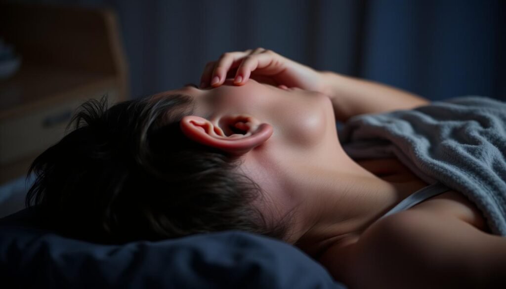 A person lying on their side, with one hand gently resting on their ear. The room is dimly lit, creating a calming, restful atmosphere. The person's expression is peaceful, their breathing slow and steady, indicating a state of deep relaxation after a session of vestibular rehabilitation. The background is blurred, with hints of a bedside table and a soft, plush comforter. The focus is solely on the person's ear and the subtle adjustment of their sleep position, conveying the importance of this process in the overall recovery from a vestibular disorder.