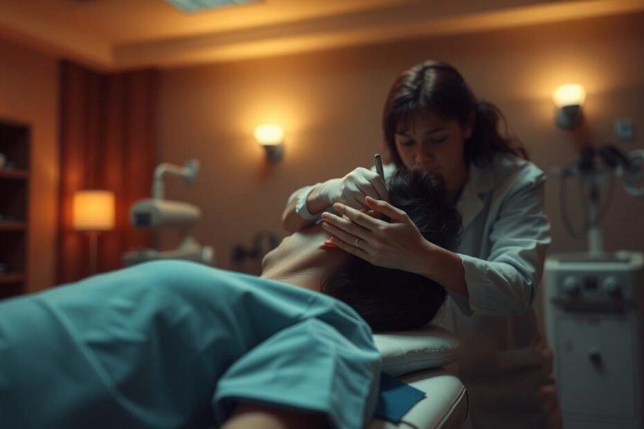 A room with a calming, warm atmosphere, dimly lit with soft, diffused lighting. In the foreground, a person lying on a medical examination table, their head gently tilted to the side as a healthcare professional performs a careful, precise maneuver on their ear. The middle ground shows medical instruments and equipment, suggesting a therapeutic setting. The background is blurred, creating a sense of focus on the central action. The scene conveys a sense of attentive care and the patient's trust in the physician's expertise to help address their inner ear condition.