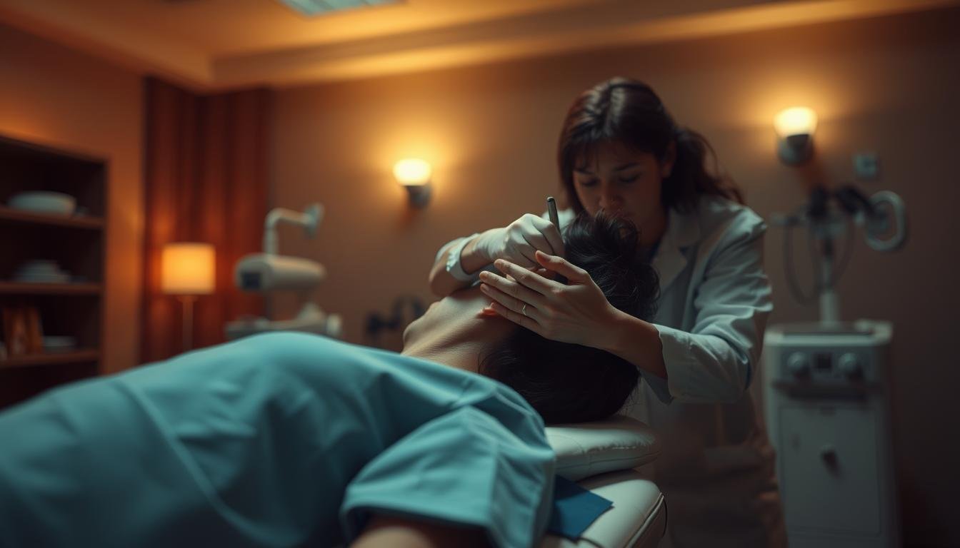 A room with a calming, warm atmosphere, dimly lit with soft, diffused lighting. In the foreground, a person lying on a medical examination table, their head gently tilted to the side as a healthcare professional performs a careful, precise maneuver on their ear. The middle ground shows medical instruments and equipment, suggesting a therapeutic setting. The background is blurred, creating a sense of focus on the central action. The scene conveys a sense of attentive care and the patient's trust in the physician's expertise to help address their inner ear condition.