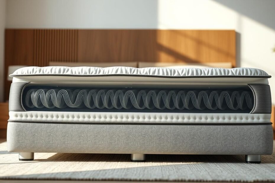 A sleek, contemporary mattress with independent pocketed coils in a white and grey StylesMaven design. The mattress is positioned in a well-lit, minimalist bedroom setting with wooden accents and soft, diffused lighting creating a serene, inviting atmosphere. The coils are clearly visible through a transparent panel, showcasing the intricate inner workings and quality craftsmanship. The overall composition emphasizes the mattress' features, such as its supportive structure, durability, and attention to detail, making it an appealing choice for a comfortable and restful sleep.