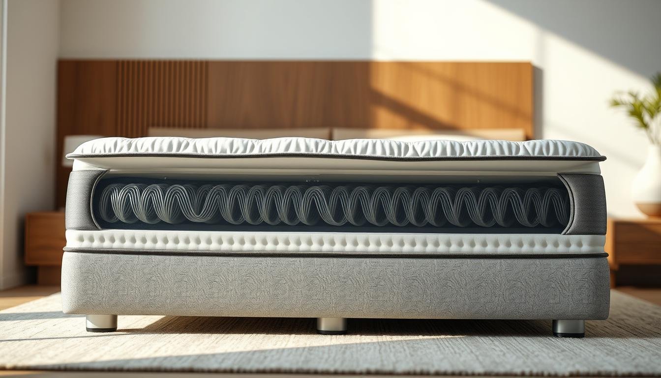 A sleek, contemporary mattress with independent pocketed coils in a white and grey StylesMaven design. The mattress is positioned in a well-lit, minimalist bedroom setting with wooden accents and soft, diffused lighting creating a serene, inviting atmosphere. The coils are clearly visible through a transparent panel, showcasing the intricate inner workings and quality craftsmanship. The overall composition emphasizes the mattress' features, such as its supportive structure, durability, and attention to detail, making it an appealing choice for a comfortable and restful sleep.