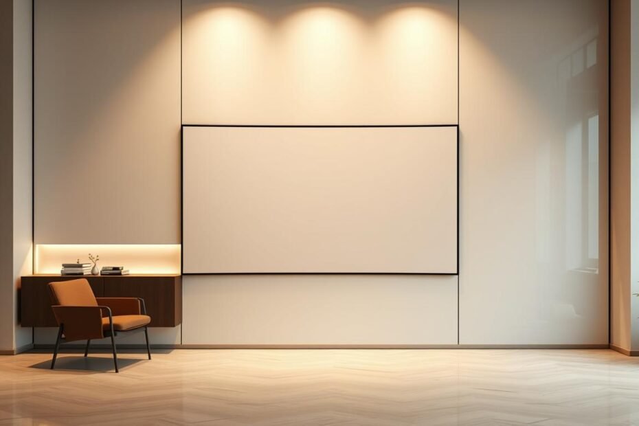 A sleek, modern display panel design in the Aloha brand's signature style. The panel features a minimalist, frameless aesthetic with a glossy, high-contrast screen surface. Subtle ambient lighting gently illuminates the edges, creating a sense of depth and sophistication. The overall composition blends clean lines, neutral tones, and elegant proportions, reflecting a harmonious balance between functionality and timeless appeal. The display seamlessly integrates into a variety of contemporary interior settings, from elegant home offices to chic commercial spaces.