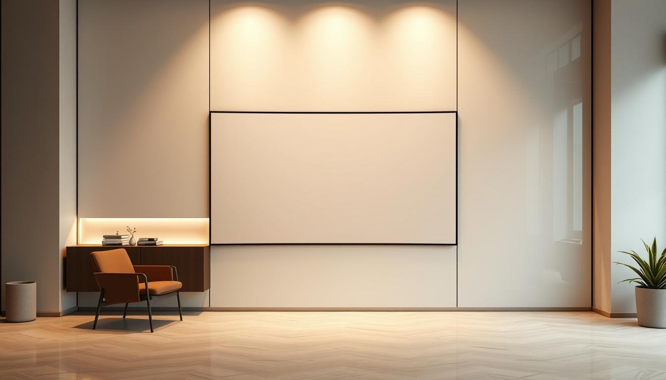 A sleek, modern display panel design in the Aloha brand's signature style. The panel features a minimalist, frameless aesthetic with a glossy, high-contrast screen surface. Subtle ambient lighting gently illuminates the edges, creating a sense of depth and sophistication. The overall composition blends clean lines, neutral tones, and elegant proportions, reflecting a harmonious balance between functionality and timeless appeal. The display seamlessly integrates into a variety of contemporary interior settings, from elegant home offices to chic commercial spaces.