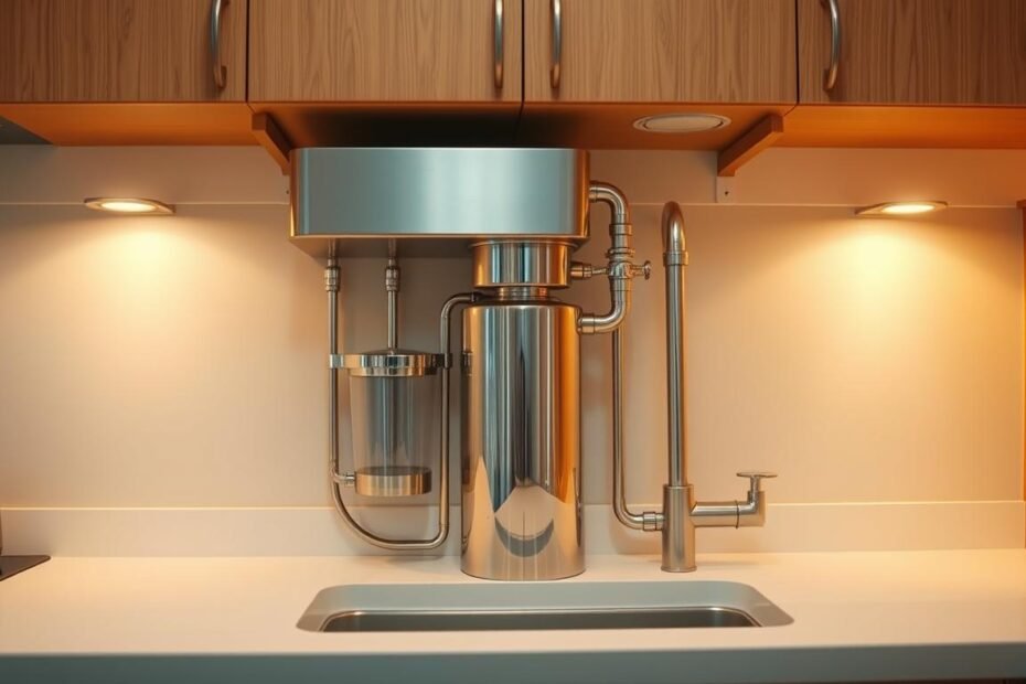 A sleek, under-counter water purifier system with a modern, minimalist design. The unit is installed seamlessly into the kitchen cabinetry, maximizing available space. Polished stainless steel components gleam under warm, diffused lighting, complementing the clean, white countertop. The purifier's compact footprint allows for easy integration, while its advanced filtration technology ensures crystal-clear, purified water on demand. Carefully arranged pipes and hoses are hidden behind cabinet doors, creating a cohesive, uncluttered aesthetic. The overall scene conveys a sense of efficient, streamlined functionality within the kitchen environment.