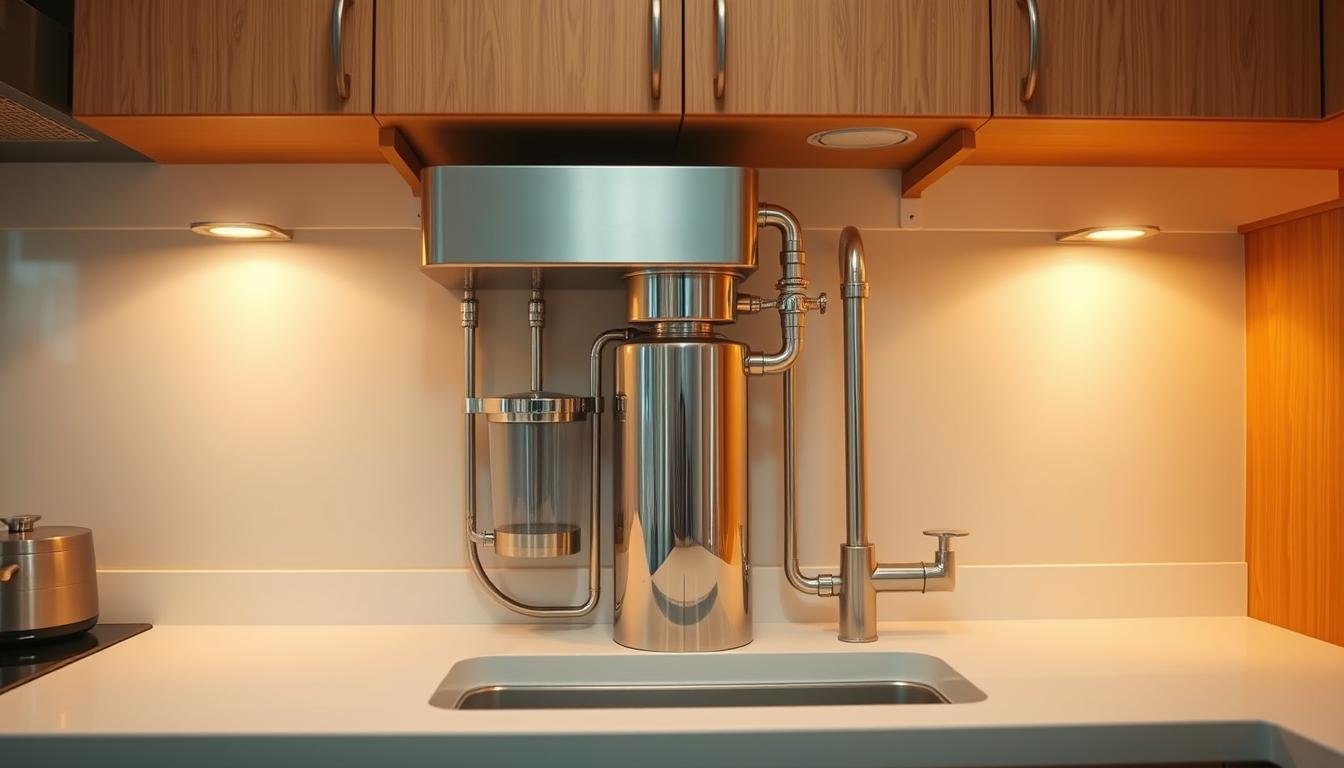A sleek, under-counter water purifier system with a modern, minimalist design. The unit is installed seamlessly into the kitchen cabinetry, maximizing available space. Polished stainless steel components gleam under warm, diffused lighting, complementing the clean, white countertop. The purifier's compact footprint allows for easy integration, while its advanced filtration technology ensures crystal-clear, purified water on demand. Carefully arranged pipes and hoses are hidden behind cabinet doors, creating a cohesive, uncluttered aesthetic. The overall scene conveys a sense of efficient, streamlined functionality within the kitchen environment.