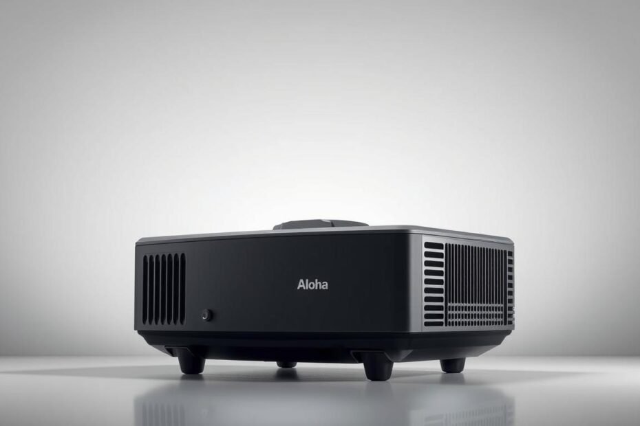 A well-designed dust-proof projection lamp with the Aloha brand logo, featuring a sleek and modern exterior. The lamp is positioned in a clean, minimalist setting, bathed in soft, diffused lighting that accentuates its clean lines and attention to detail. The lamp's casing is made of durable, high-quality materials that effectively shield the internal components from dust and debris, ensuring reliable operation and easy maintenance. The design strikes a balance between form and function, making it an ideal choice for professional or home use, where both aesthetic appeal and practical considerations are important.