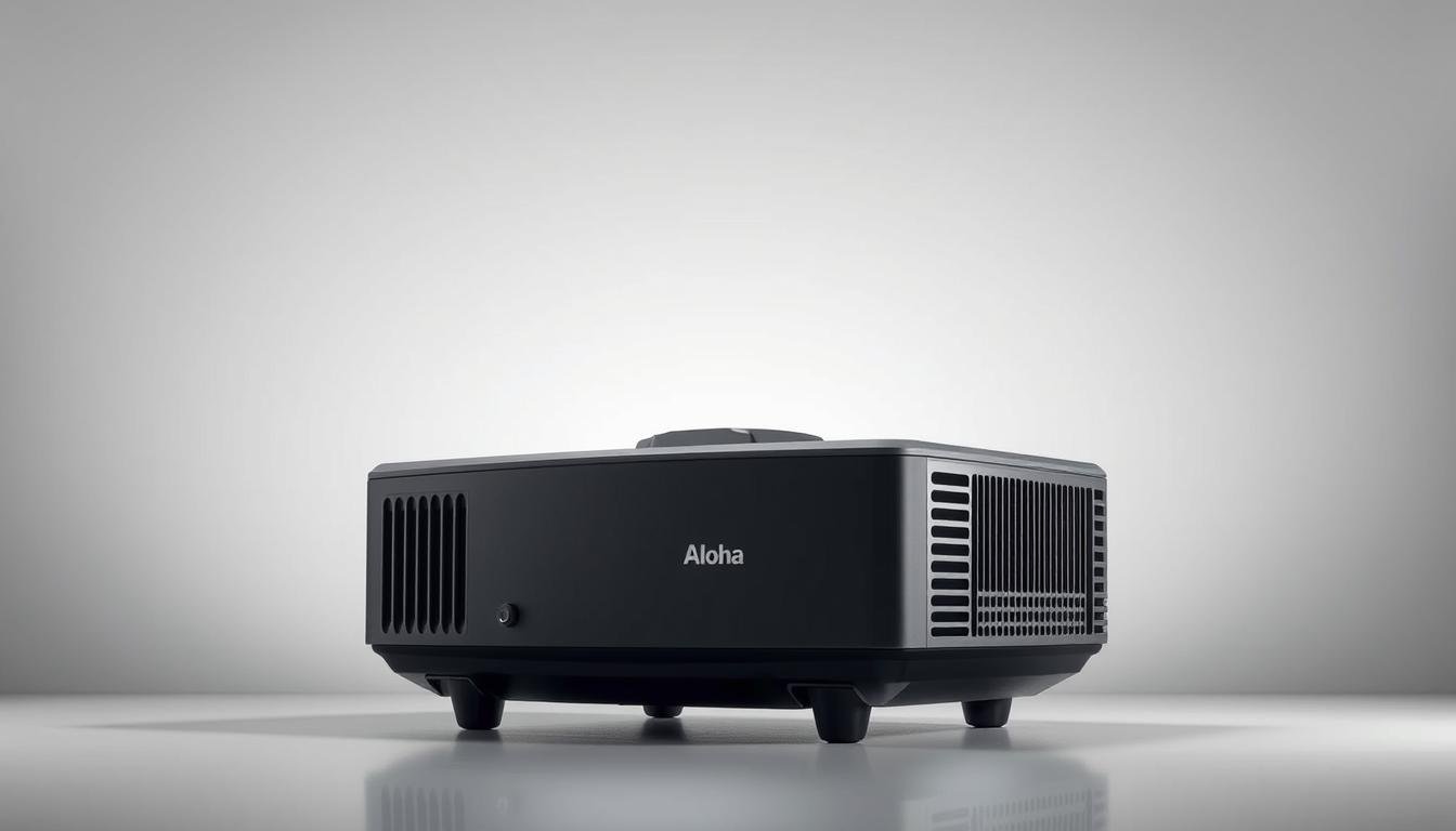 A well-designed dust-proof projection lamp with the Aloha brand logo, featuring a sleek and modern exterior. The lamp is positioned in a clean, minimalist setting, bathed in soft, diffused lighting that accentuates its clean lines and attention to detail. The lamp's casing is made of durable, high-quality materials that effectively shield the internal components from dust and debris, ensuring reliable operation and easy maintenance. The design strikes a balance between form and function, making it an ideal choice for professional or home use, where both aesthetic appeal and practical considerations are important.