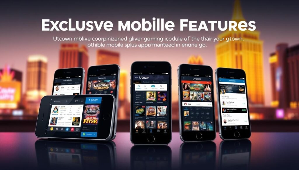 A beautifully rendered image of the exclusive UTown Entertainment City mobile application features. The foreground showcases the sleek and intuitive user interface, highlighting the unique mobile-optimized functions and promotional offers. The middle ground presents a series of mobile devices, each displaying different aspects of the UTown app, such as game selection, payment options, and personalized user profiles. The background subtly blends a cityscape with a warm, inviting atmosphere, evoking the vibrant and immersive mobile gaming experience offered by UTown. Lighting is soft and diffused, creating a sense of depth and highlighting the app's elegant design. The overall composition conveys the seamless integration of UTown's mobile-specific advantages, inviting the viewer to explore the enhanced gaming opportunities available on the go.