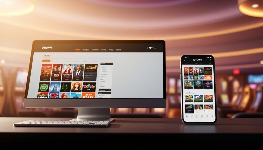 A detailed comparison of the UTown casino gaming interface on desktop and mobile devices. A well-lit, high-resolution view showcasing the clean, modern design aesthetic with intuitive navigation elements. The desktop interface features a wide, panoramic layout emphasizing the game selection, while the mobile version optimizes for touch interactions with a vertically stacked, responsive layout. Subtle branding elements like the UTown logo integrate seamlessly. The overall atmosphere conveys a sense of sophistication and accessibility, inviting the user to explore the gaming options.