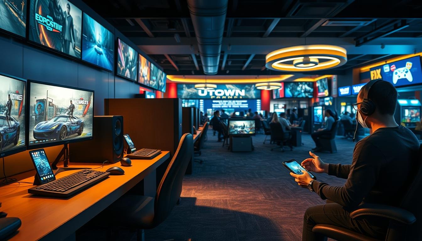 A detailed comparison of the gaming experiences on desktop and mobile devices within the UTown entertainment complex. A wide, panoramic view showcases the contrast - on the desktop side, a sophisticated, immersive gaming setup with high-end displays, peripherals, and advanced graphics; on the mobile side, sleek, portable devices engaged in fast-paced, on-the-go gameplay. Soft, warm lighting illuminates the scene, creating an inviting atmosphere. The composition emphasizes the differences in scale, interactivity, and visual fidelity between the two platforms, highlighting UTown's versatility in catering to diverse gaming preferences.