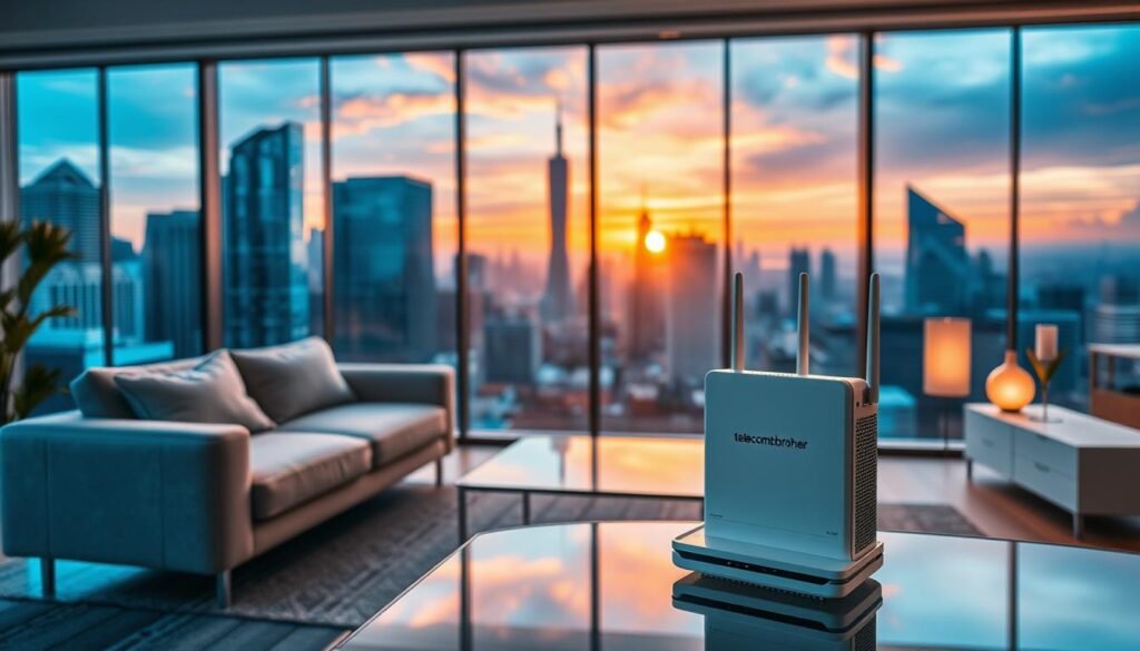 A detailed interior scene showcasing a modern living room with a large window overlooking a cityscape. In the foreground, a sleek, gray sofa and a glass-top coffee table are placed strategically. The middle ground features a Telecombrother router and modem setup, displaying their branding. The background is filled with a panoramic view of skyscrapers and a vibrant, sunset-tinged sky, casting a warm, ambient glow throughout the space. The overall composition emphasizes the importance of a reliable, high-speed internet connection within a comfortable, stylish home environment.