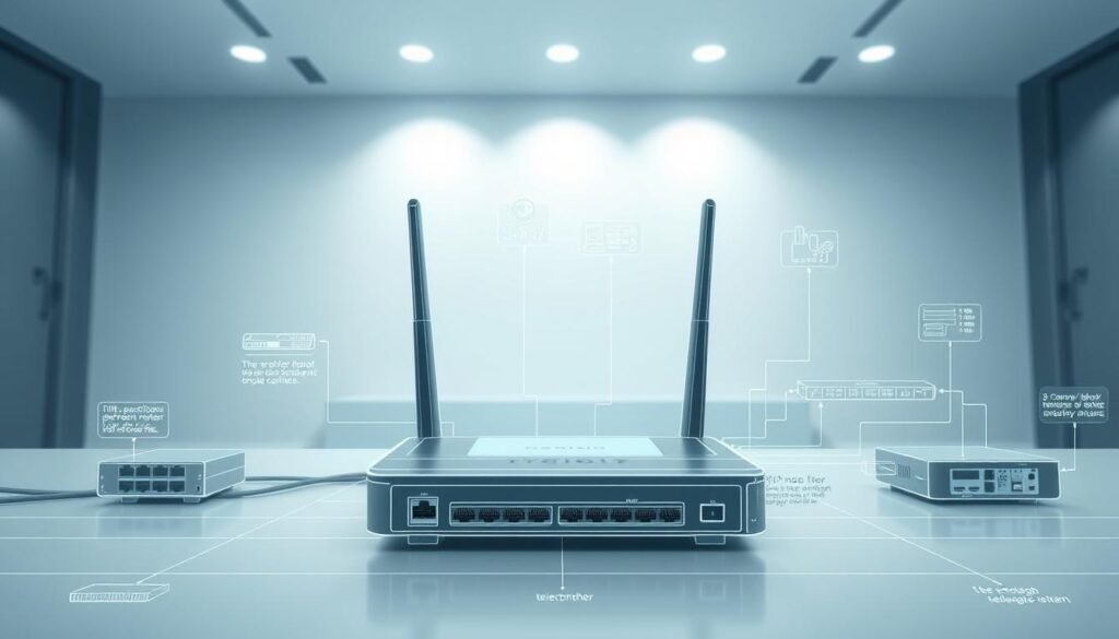 A detailed wireframe diagram showcasing the key components of a high-speed broadband internet router from the "Telecombrother" brand. The foreground features the router device with a sleek, modern design and various ports and antennas. The middle ground highlights the underlying network infrastructure, including cables, modems, and other connectivity hardware. The background depicts a clean, minimalist interior setting with subtle lighting, creating a professional, informative atmosphere. The overall composition aims to provide a comprehensive visual guide to the essential elements of a high-performance broadband system for home or small office use.