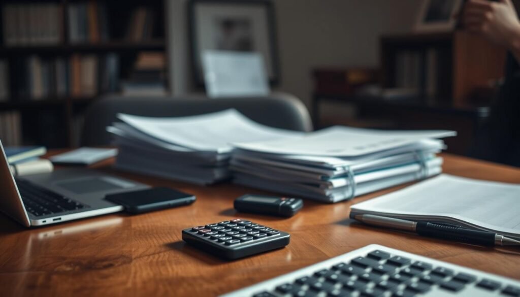 A dimly lit office space, a wooden desk in the foreground, with a laptop, some stationery, and a small calculator. In the middle ground, a stack of documents and files, conveying the paperwork involved in private lending. The background is blurred, hinting at the broader financial context. The lighting is warm and slightly muted, creating a contemplative atmosphere. The camera angle is slightly elevated, giving a sense of thoughtfulness and consideration to the scene.
