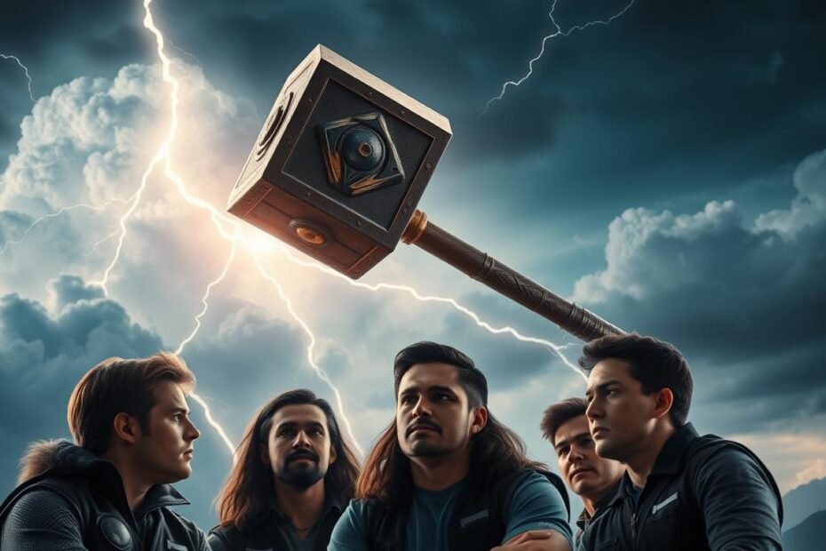 A dramatic scene of the mighty Thor's hammer, Mjolnir, soaring through the sky against a backdrop of thunderous clouds and lightning. The hammer's intricate details and powerful design are rendered with precision, showcasing its legendary status. In the foreground, a team of UTown players strategize, their faces intent as they study the hammer's movement, seeking to unlock its secrets and optimize their gameplay for maximum long-term profitability. The interplay between the mythical weapon and the calculated approach of the players highlights the unique relationship between the &quot;雷神之鎚攻略&quot; and player return rate (RTP), guiding them towards a sustainable and profitable gaming strategy.