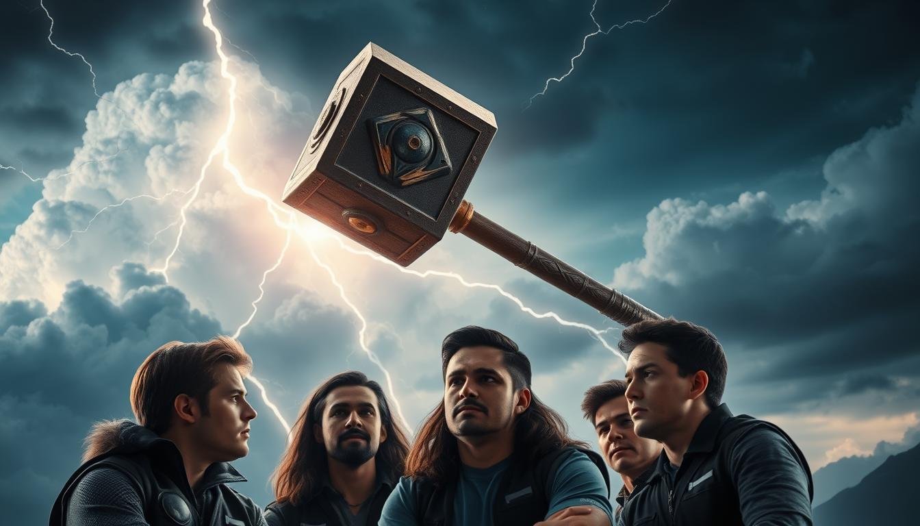 A dramatic scene of the mighty Thor's hammer, Mjolnir, soaring through the sky against a backdrop of thunderous clouds and lightning. The hammer's intricate details and powerful design are rendered with precision, showcasing its legendary status. In the foreground, a team of UTown players strategize, their faces intent as they study the hammer's movement, seeking to unlock its secrets and optimize their gameplay for maximum long-term profitability. The interplay between the mythical weapon and the calculated approach of the players highlights the unique relationship between the &quot;雷神之鎚攻略&quot; and player return rate (RTP), guiding them towards a sustainable and profitable gaming strategy.