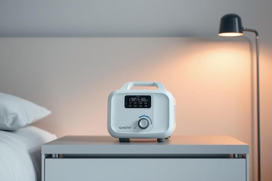 A medical-grade sleep apnea CPAP machine, the iCareCPAP, sits prominently on a sleek, modern nightstand. The machine's digital display and control panel are clearly visible, indicating the precision calibration of its air pressure output. Soft, diffused lighting casts a warm glow, creating a calming, clinical atmosphere. In the background, a minimalist, monochromatic wall provides a clean, uncluttered backdrop, emphasizing the machine's technical sophistication. The composition is balanced, with the CPAP device occupying the central focus, conveying the importance of accurate, medical-level calibration for effective sleep apnea treatment.