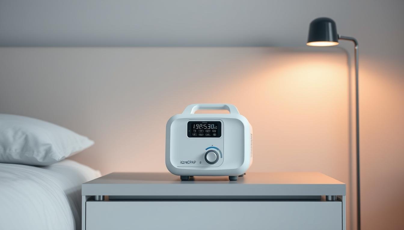 A medical-grade sleep apnea CPAP machine, the iCareCPAP, sits prominently on a sleek, modern nightstand. The machine's digital display and control panel are clearly visible, indicating the precision calibration of its air pressure output. Soft, diffused lighting casts a warm glow, creating a calming, clinical atmosphere. In the background, a minimalist, monochromatic wall provides a clean, uncluttered backdrop, emphasizing the machine's technical sophistication. The composition is balanced, with the CPAP device occupying the central focus, conveying the importance of accurate, medical-level calibration for effective sleep apnea treatment.