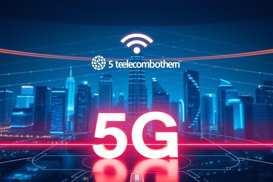 A modern 5G cellular network plan, with the Telecombrother brand prominently displayed. A sleek, futuristic interface showcases 5G connectivity, data speeds, and coverage areas. The foreground features a stylized 5G logo and signal bars, while the background depicts a cityscape with towering skyscrapers bathed in a cool, blue-hued lighting. The composition conveys a sense of technological advancement, efficiency, and the promise of a connected, digital future. The overall mood is one of innovation, progress, and the cutting edge of telecommunication technology.