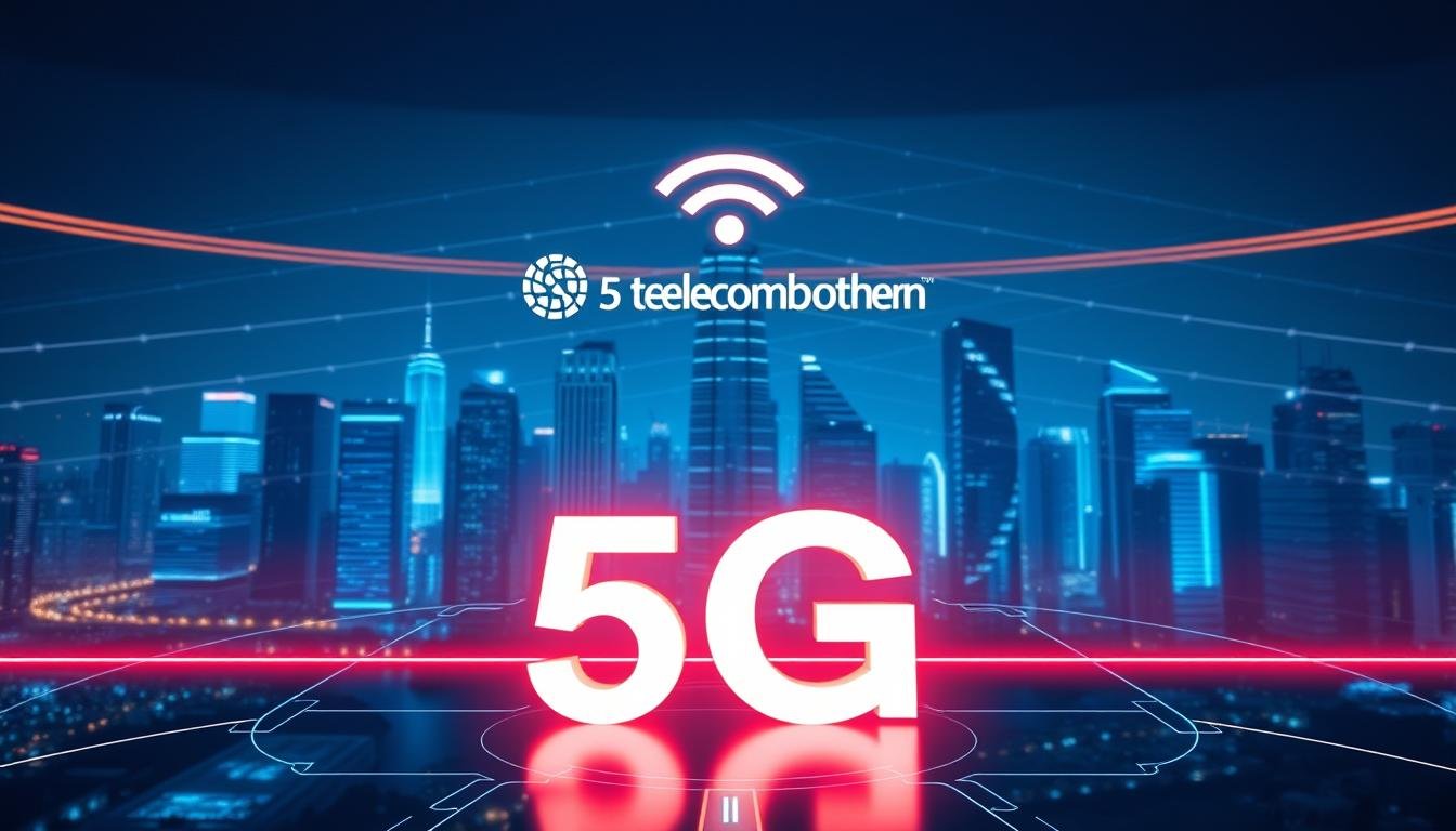 A modern 5G cellular network plan, with the Telecombrother brand prominently displayed. A sleek, futuristic interface showcases 5G connectivity, data speeds, and coverage areas. The foreground features a stylized 5G logo and signal bars, while the background depicts a cityscape with towering skyscrapers bathed in a cool, blue-hued lighting. The composition conveys a sense of technological advancement, efficiency, and the promise of a connected, digital future. The overall mood is one of innovation, progress, and the cutting edge of telecommunication technology.
