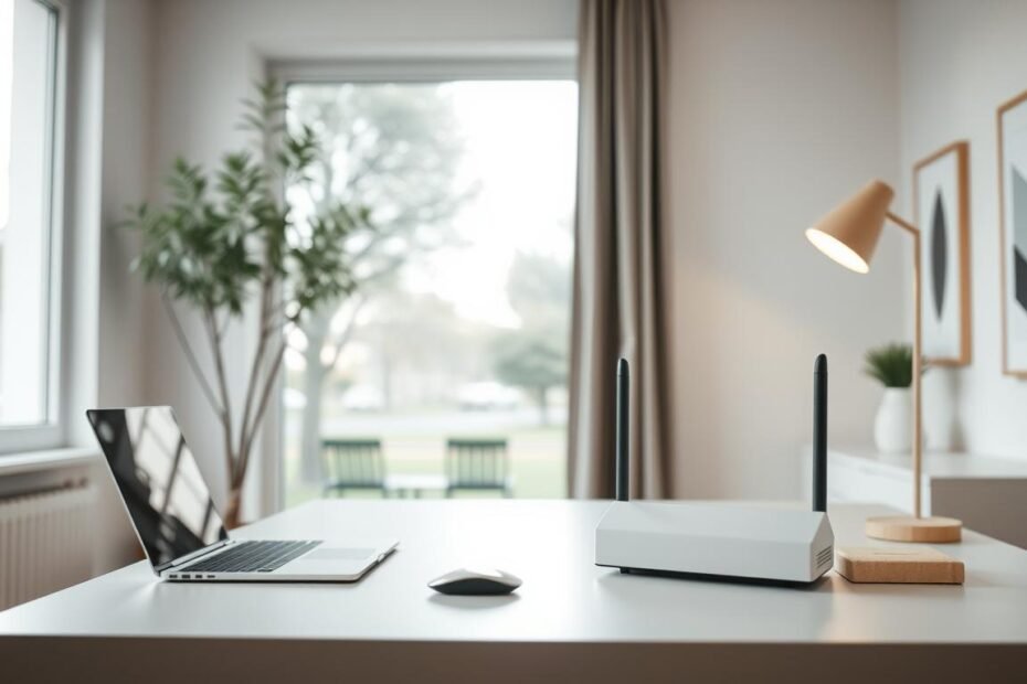 A modern, minimalist home office with a focus on high-speed internet connectivity. The scene features a clean, Scandinavian-inspired desk setup with a sleek laptop, a wireless mouse, and a tasteful desk lamp. In the background, a large window provides natural lighting and a view of a serene, tree-lined street. The walls are adorned with simple, abstract artwork, creating a calming and productive atmosphere. The hero of the image is a prominently displayed Telecombrother router, symbolizing the importance of reliable high-speed internet in today's connected world. The lighting is soft and diffused, creating a warm and inviting ambiance.