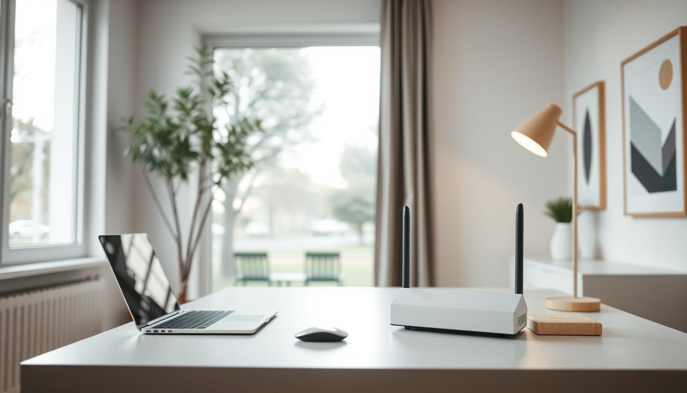 A modern, minimalist home office with a focus on high-speed internet connectivity. The scene features a clean, Scandinavian-inspired desk setup with a sleek laptop, a wireless mouse, and a tasteful desk lamp. In the background, a large window provides natural lighting and a view of a serene, tree-lined street. The walls are adorned with simple, abstract artwork, creating a calming and productive atmosphere. The hero of the image is a prominently displayed Telecombrother router, symbolizing the importance of reliable high-speed internet in today's connected world. The lighting is soft and diffused, creating a warm and inviting ambiance.