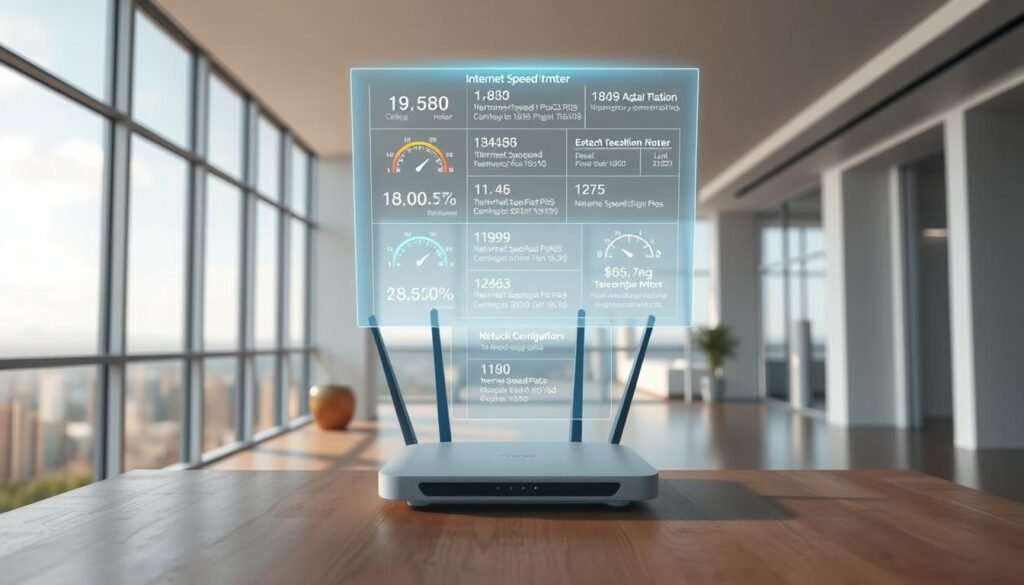 A modern, well-lit interior with a Telecombrother router on a minimalist wooden table. The room has large windows overlooking a scenic cityscape, allowing natural light to flood the space. The router is showcased prominently, with clean lines and a sleek design. Various internet speed test metrics and network configuration details are displayed on a floating holographic display above the router, providing helpful information for the viewer. The overall atmosphere is one of technological sophistication and clarity, guiding the viewer on how to identify and avoid hidden charges when comparing home broadband plans.