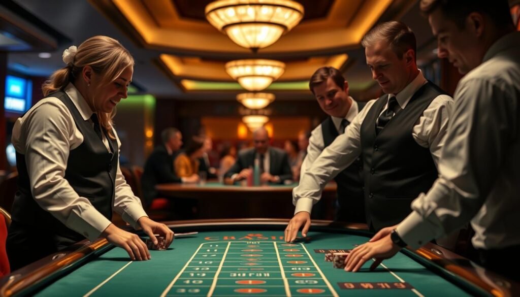 A professional, dimly lit, high-contrast image of a real-life Baccarat game in progress at the UTown casino. The table is positioned in the foreground, with the green felt surface and casino-grade chips and cards clearly visible. Dealers in crisp white shirts and black vests stand on either side, dealing the cards with practiced movements. In the middle distance, we see the faces of the players, their expressions focused and intent. The background is blurred, hinting at the larger casino environment with its plush furnishings and discreet lighting. The overall mood is one of sophistication, intensity, and professional service.