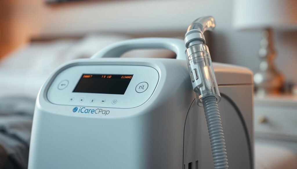 A crisp, clinical close-up of an iCareCPAP sleep apnea machine, its sleek white design and intuitive controls standing out against a softly blurred background of bedroom furniture. Warm, directional lighting illuminates the machine's surface, highlighting its precision engineering and high-tech aesthetic. The image conveys a sense of comfort, trust, and the promise of better sleep, capturing the key factors one might consider when choosing a sleep apnea device - reliability, user-friendliness, and a discreet, modern appearance that seamlessly integrates into the home environment.