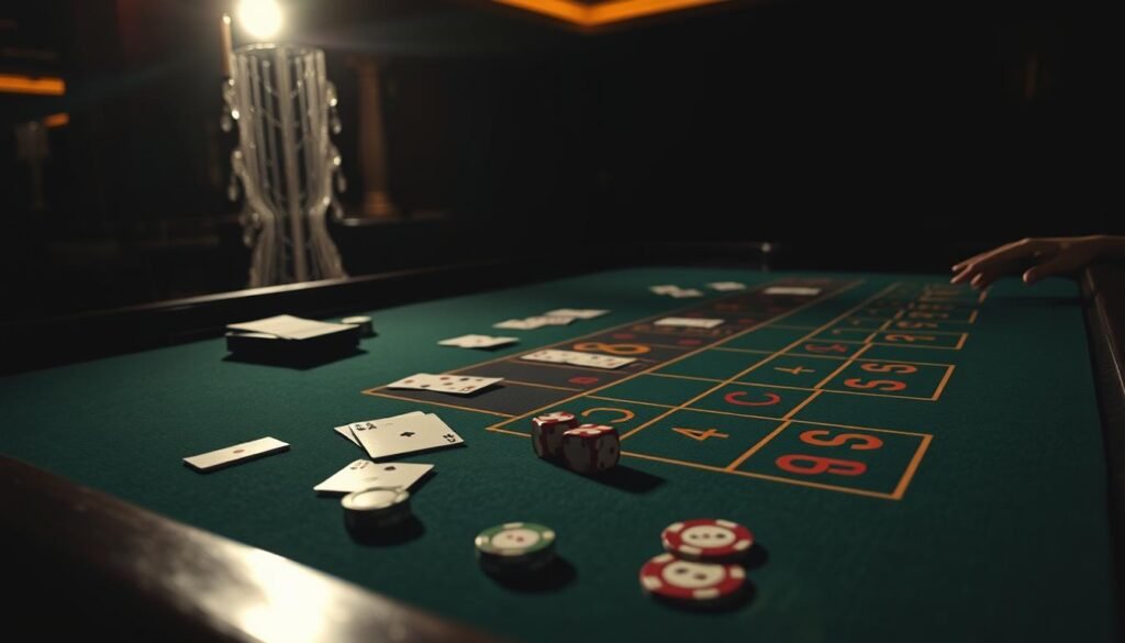 A dimly lit casino table with a green felt surface, elegant wooden edges, and a classic baccarat layout. On the table, playing cards, casino chips, and a single pair of hands rolling dice. Subtle lighting creates dramatic shadows, evoking the intensity and suspense of the game. The scene is captured from a low angle, emphasizing the grandeur of the table and the focus on the gaming action. The overall atmosphere is one of strategic contemplation, high-stakes risk, and the thrill of the gambler's pursuit.