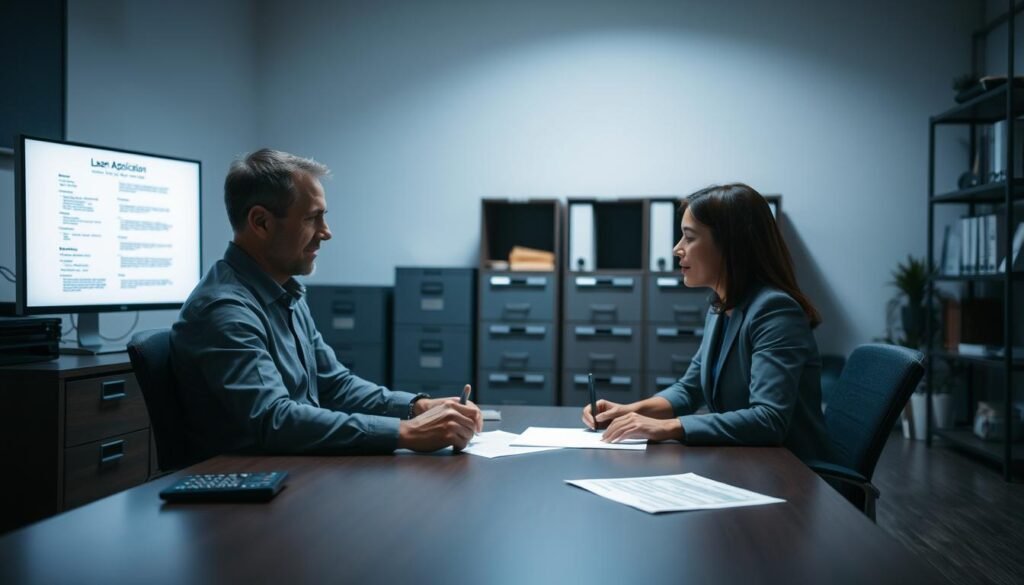 A dimly lit office setting, showcasing the step-by-step process of a private loan transaction. In the foreground, a client sits across a desk, reviewing documents with a lender. The middle ground features a computer monitor displaying loan application forms, and a calculator to signify the financial analysis. In the background, filing cabinets and shelves convey the organizational nature of the private lending industry. Soft, warm lighting creates a professional yet approachable atmosphere, inviting trust and confidence in the private loan process. The scene emphasizes efficiency, attention to detail, and a collaborative partnership between the lender and borrower.