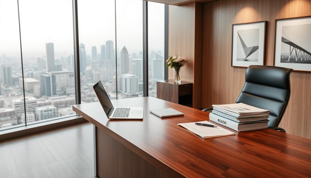 A sleek, modern office interior with a polished wooden desk and ergonomic chair. On the desk, a laptop, a pen, and a stack of documents labeled "民間貸款流程". The walls are adorned with minimalist art prints, and a large window offers a panoramic view of a bustling city skyline, bathed in warm, diffused lighting. The overall atmosphere conveys professionalism, efficiency, and attention to detail, reflecting the orderly and well-structured nature of the民間貸款 process.