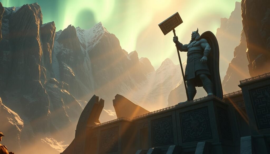A vast, mythical landscape inspired by the tales of Nordic gods and heroes. Dramatic cliffs and towering mountains loom in the background, bathed in the ethereal glow of the Northern Lights. In the foreground, a colossal statue of Thor, the Thunderer, stands resolute, his mighty hammer Mjolnir gripped firmly in hand. Intricate Norse runes and imagery adorn the surrounding structures, immersing the viewer in the rich tapestry of UTown's Nordic-themed game experience. Rays of warm, golden light filter through the environment, evoking a sense of awe and wonder. This captivating scene seamlessly blends the epic grandeur of the Nordic mythos with the interactive, immersive nature of the gaming world. A vast, mythical landscape inspired by the tales of Nordic gods and heroes. Dramatic cliffs and towering mountains loom in the background, bathed in the ethereal glow of the Northern Lights. In the foreground, a colossal statue of Thor, the Thunderer, stands resolute, his mighty hammer Mjolnir gripped firmly in hand. Intricate Norse runes and imagery adorn the surrounding structures, immersing the viewer in the rich tapestry of UTown's Nordic-themed game experience. Rays of warm, golden light filter through the environment, evoking a sense of awe and wonder. This captivating scene seamlessly blends the epic grandeur of the Nordic mythos with the interactive, immersive nature of the gaming world.