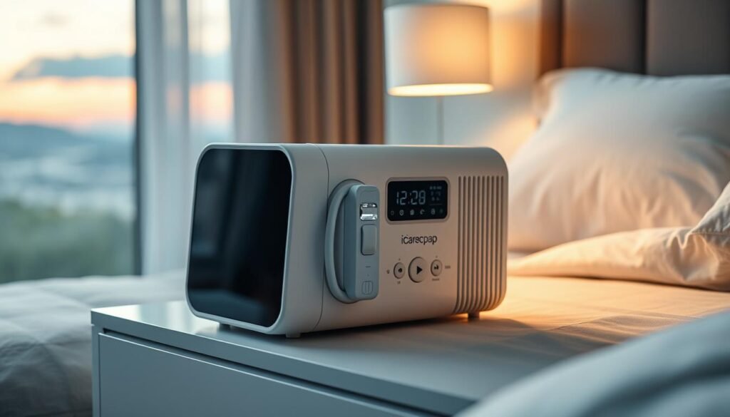 A well-designed sleep apnea machine, the iCareCPAP, prominently displayed on a minimalist bedside table. The device's sleek, modern aesthetic blends seamlessly with the calm, soothing atmosphere of the bedroom. Soft, indirect lighting casts a warm glow, creating a sense of comfort and relaxation. The machine's intuitive controls and digital display are easily accessible, suggesting its user-friendly nature. In the background, a serene, out-of-focus landscape hints at the tranquility and improved quality of life that the iCareCPAP can provide. The overall scene conveys the integration of this medical device into a peaceful, rejuvenating sleep environment.