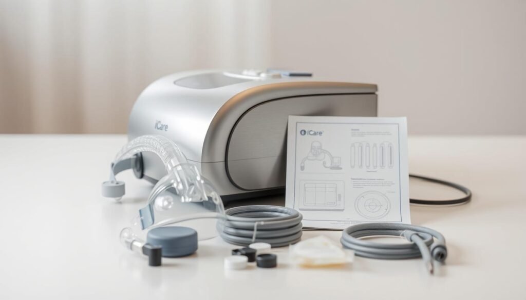 A well-maintained iCareCPAP respiratory device rests on a clean, white surface. The device is sleek and modern, with a brushed metal finish that reflects the soft, diffused lighting. In the foreground, various accessories are neatly arranged, including a facemask, tubing, and cleaning supplies. The middle ground features a technical diagram or instruction manual, providing guidance on the proper usage and maintenance of the respiratory device. The background is blurred, creating a sense of focus and emphasis on the device and its components. The overall atmosphere is one of professionalism, attention to detail, and the importance of responsible medical equipment care. A well-maintained iCareCPAP respiratory device rests on a clean, white surface. The device is sleek and modern, with a brushed metal finish that reflects the soft, diffused lighting. In the foreground, various accessories are neatly arranged, including a facemask, tubing, and cleaning supplies. The middle ground features a technical diagram or instruction manual, providing guidance on the proper usage and maintenance of the respiratory device. The background is blurred, creating a sense of focus and emphasis on the device and its components. The overall atmosphere is one of professionalism, attention to detail, and the importance of responsible medical equipment care.