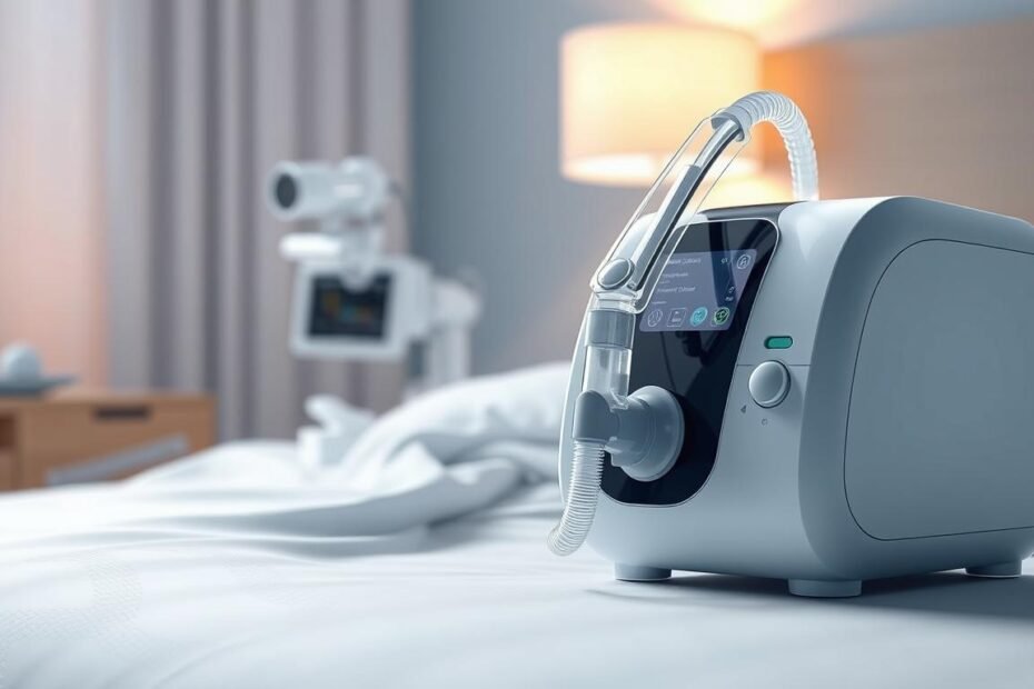 Detailed medical illustration of a sleek, modern iCareCPAP sleep apnea machine. Prominently displayed in the foreground, the device features a clean, minimalist design with sleek curves and a glossy finish. The middle ground showcases the machine's key components, such as the air inlet, tubing, and control panel, all highlighted with a soft, diffused lighting. The background depicts a serene, relaxing environment, suggesting the device's use in a comfortable, sleep-inducing setting. The overall composition conveys a sense of technological sophistication and medical efficacy, perfectly suited to illustrate the functionality and features of a sleep apnea treatment device.